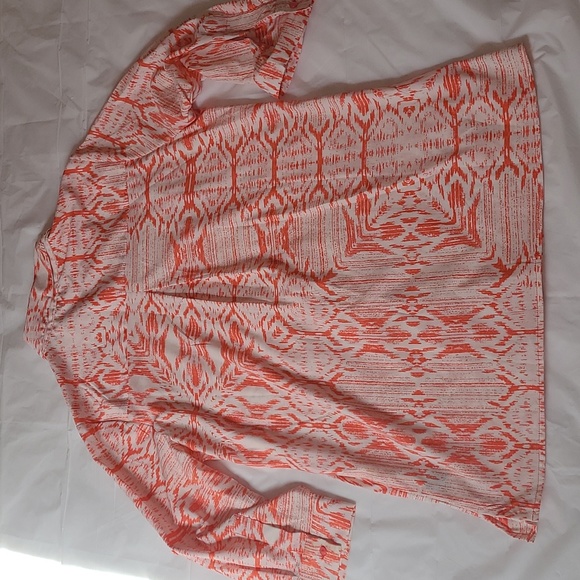 🍂Antilia Femme Coral & White Tribal Lines Button-Down Blouse w/Tab Sleeves Med. - Picture 5 of 16